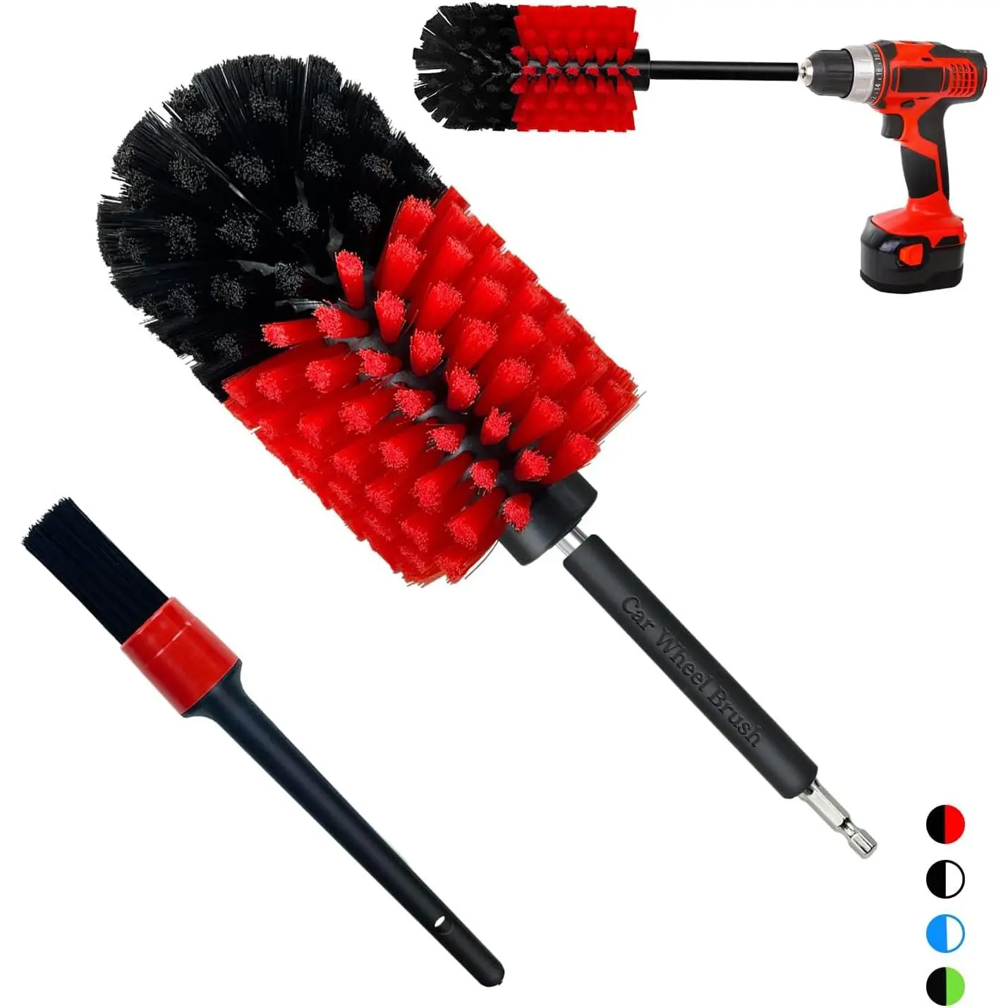 Wheel Brush Kit, Soft Drill Wheel Cleaner Brush, No  Highly Dense  Cleaning Brush Set for Wheels, Rims, Engines, Exhaust(Red/Black,2Pcs)