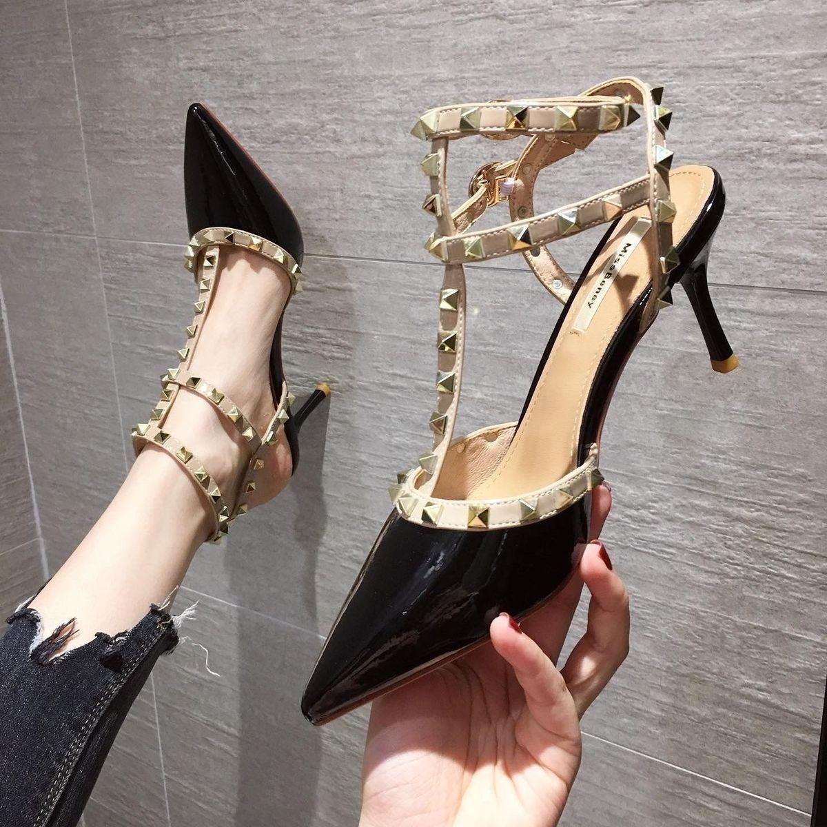 Fashionable Pointed Toe Stiletto Sandals for Women Fairy Style Studs Versatile Spring High Heels Large Sizes