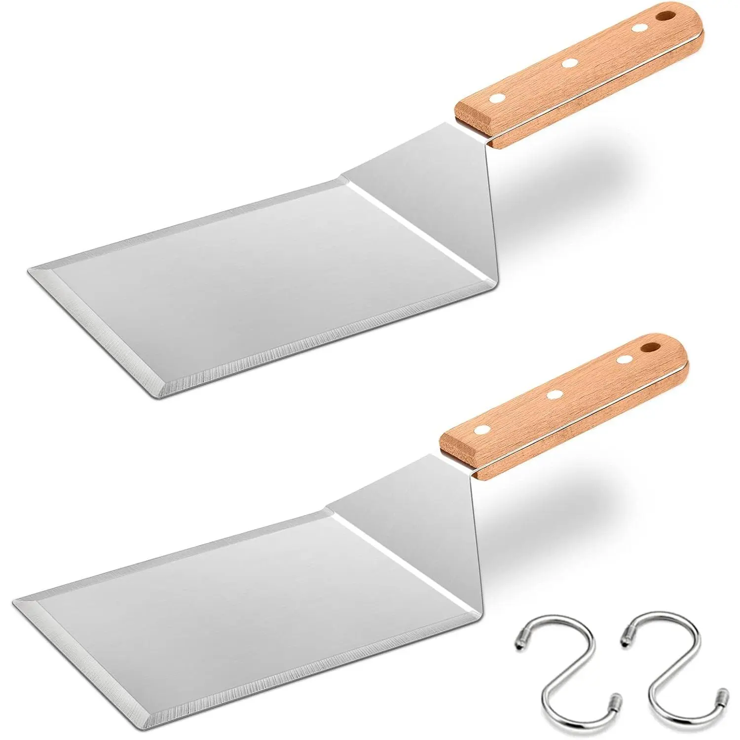 Wooden Metal Spatulas 2 count,  Professional Griddle Spatula Tools Set, Hamburger Turner Pancake Flipper  for Teppanyaki Flat Top BBQ Grilling Kitchen Cooking Indoor & Outdoor - 2 Hooks