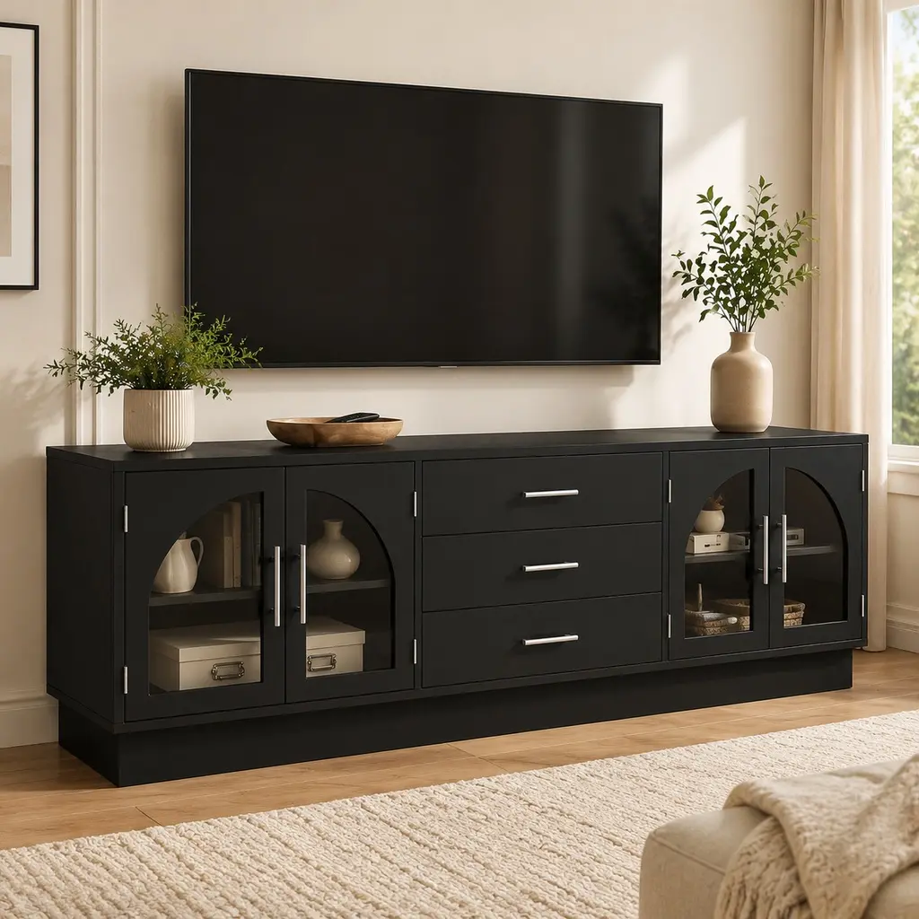 VIBE HAUS 68.9'' Modern Minimalist TV Stand for 75-Inch TVs, Media Console with Adjustable Shelves and Arched Glass Doors, MDF, Black/White