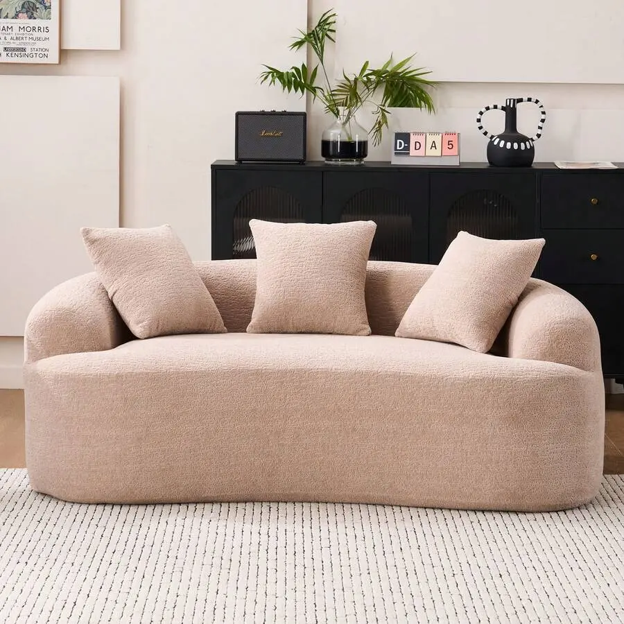65'' Modern Curved Loveseat Sofa Couch, Luxury Plush Chenille Upholstered Cloud Couch With Extra Deep Seat And Curved Armless Floor Design, Compression Boneless Sofa With 3 Throw Pillows Living Room, Home Decor, Small Space, No Assembly Needed