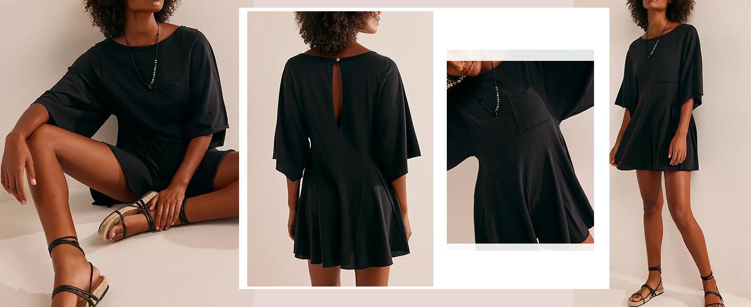 Imily Bela Rompers for Women 2025 Spring Outfits Summer Casual Short Sleeve Crew Neck Loose Jumpsuits with Pocket