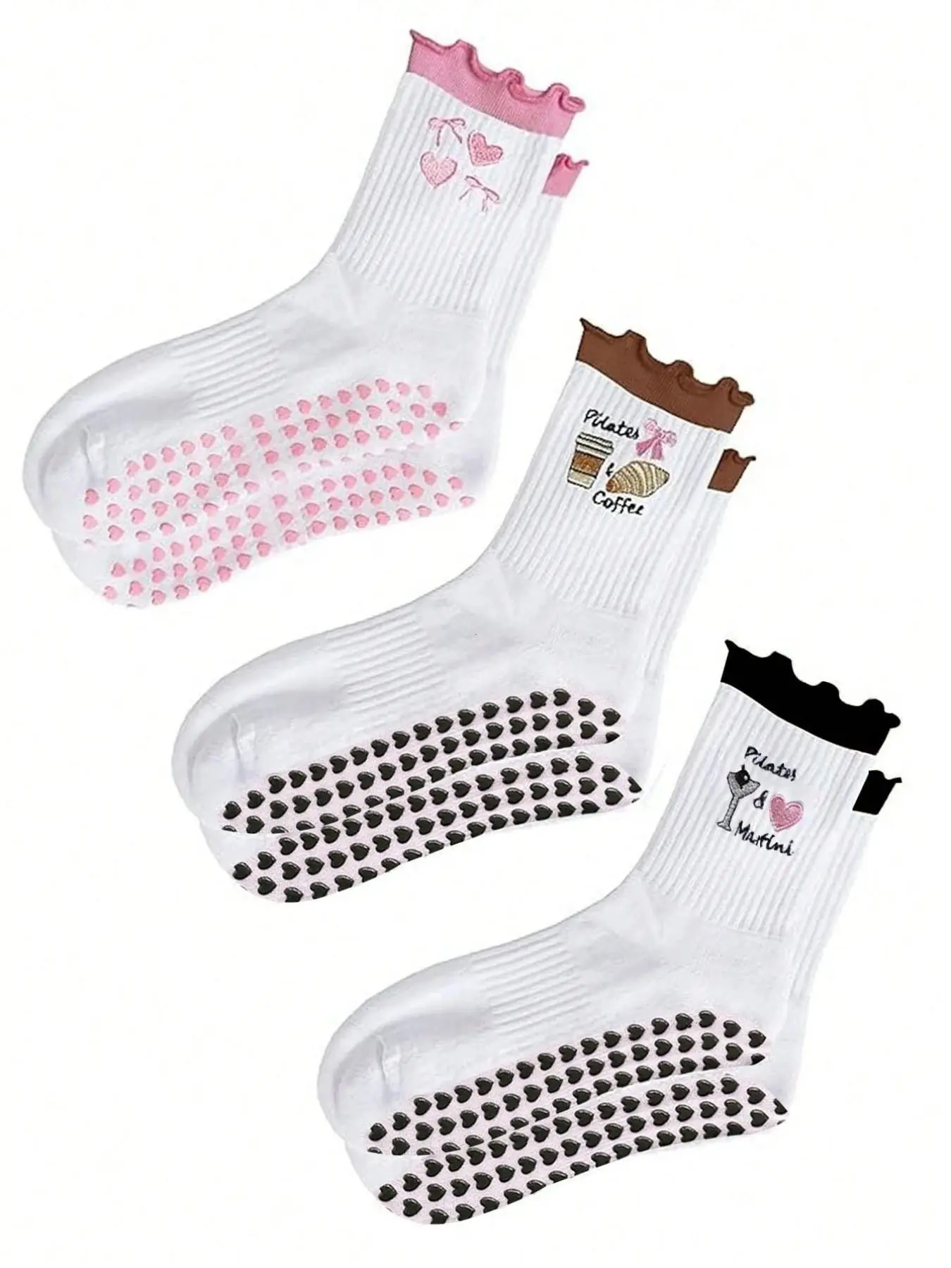 3 Pairs Women's Socks, Cute Princess Style Indoor Pilates Yoga Socks, Sweet Lace Embroidered Mid-Calf Socks, Anti-Slip Sport Socks, Comfortable & Odor-Resistant, Sock Set