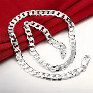18K Gold-Tone 925 Stamped 8MM Sideways Chain Necklace - Silver-Tone Fine Jewelry for Men, Ideal for Wedding, Graduation Gifts