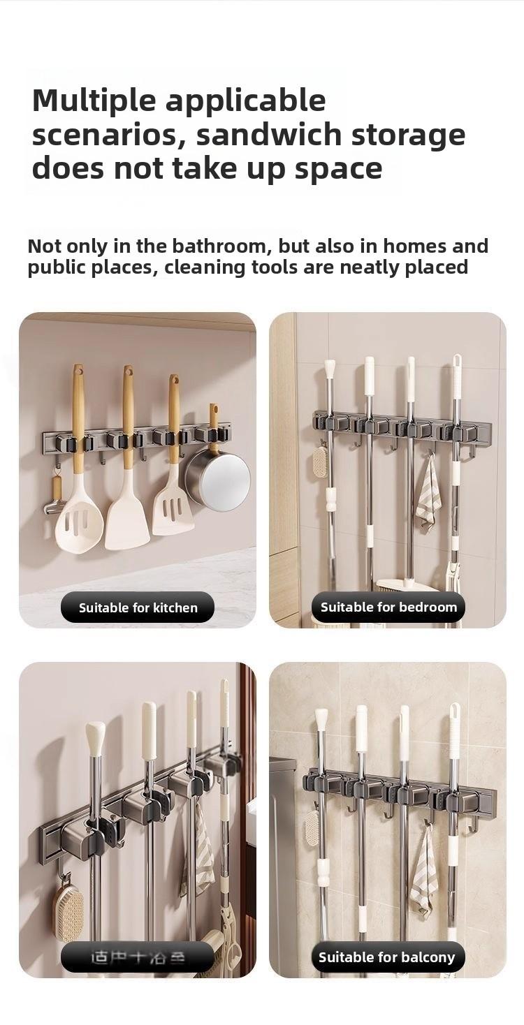 Space aluminum mop holder, no-drill multi-purpose mop hook, multifunctional wall-mounted bathroom broom storage rack