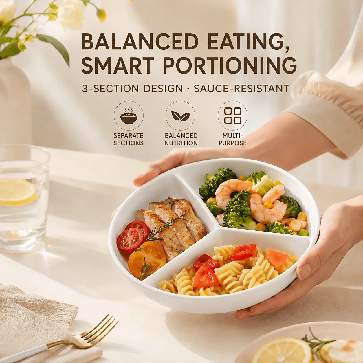 [Stackable Snack Dishes] Multifunctional Three-Compartment Steaming Tray Plate, PP Plastic Divided Plate, Serving. Round, Deep, and Sectioned Plate Can Be Used as a Steaming Tray, Fruit Plate, Snack Plate