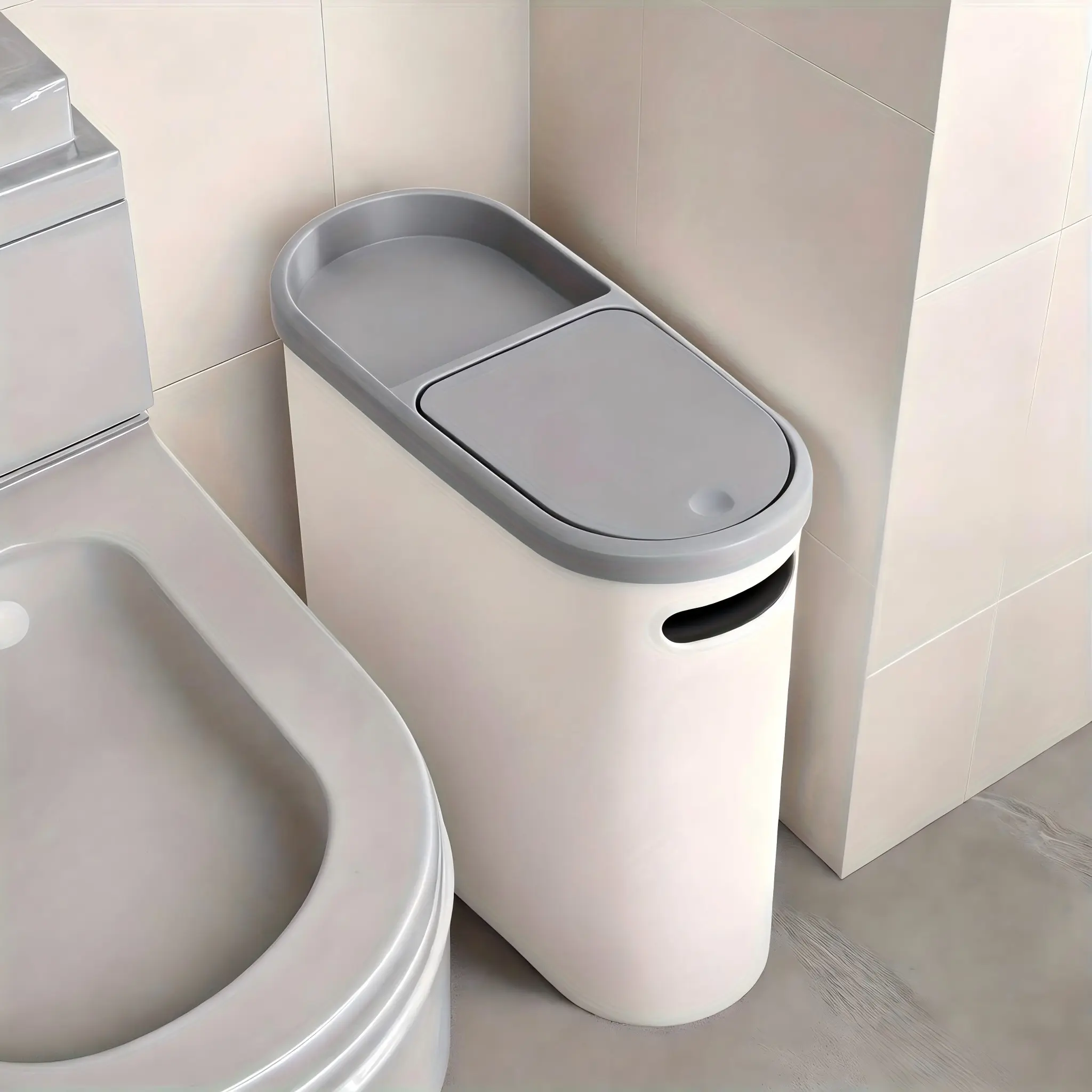 Covered narrow bathroom trash can, Garbage can for bathroom, with anti-odor practical design, suitable for gap between toilet and wall, comes with storage tray, perfect for small bathrooms, kitchens
