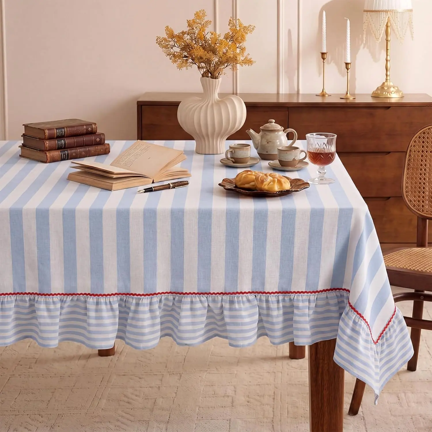 52x70 In Blue-White Striped Ruffled Linen-Cotton Tablecloth, Rectangular Farmhouse Table Cover for Kitchen, Weddings, Birthday Party Decor & Backdrop