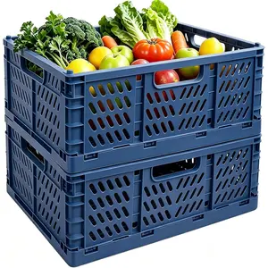 2 Pack Pastel Plastic Storage Baskets-20L Space-Saving Bins Plastic Collapsible Storage Crates Foldable Plastic Crates for Storage Collapsible Crates for Organizing (Dark Blue)