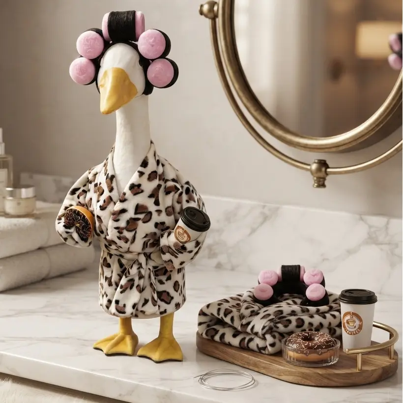23" Porch Lawn Statue Spa Day Goose Outfit - 4-Piece Cozy Plush Leopard Bathrobe Set with Foam Hair Rollers, Toy Donut, Coffee Cup, Machine Washable Home Garden Decor, Pamper Gift