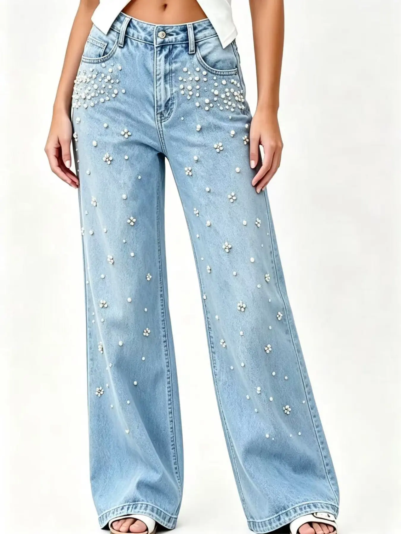 Women's Y2K High-Waisted Loose Jeans, Washed Casual Long Pants, Pearl Embellished, Perfect for Street, School, Fall, Music Festivals