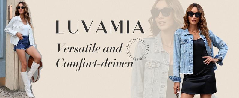 Luvamia Women's Denim Jacket Distressed Jean Button Up Vintage Western Trucker Frayed Hem Pockets Casual Coats Collared Long Sleeves Soft Denim Material Outerwear