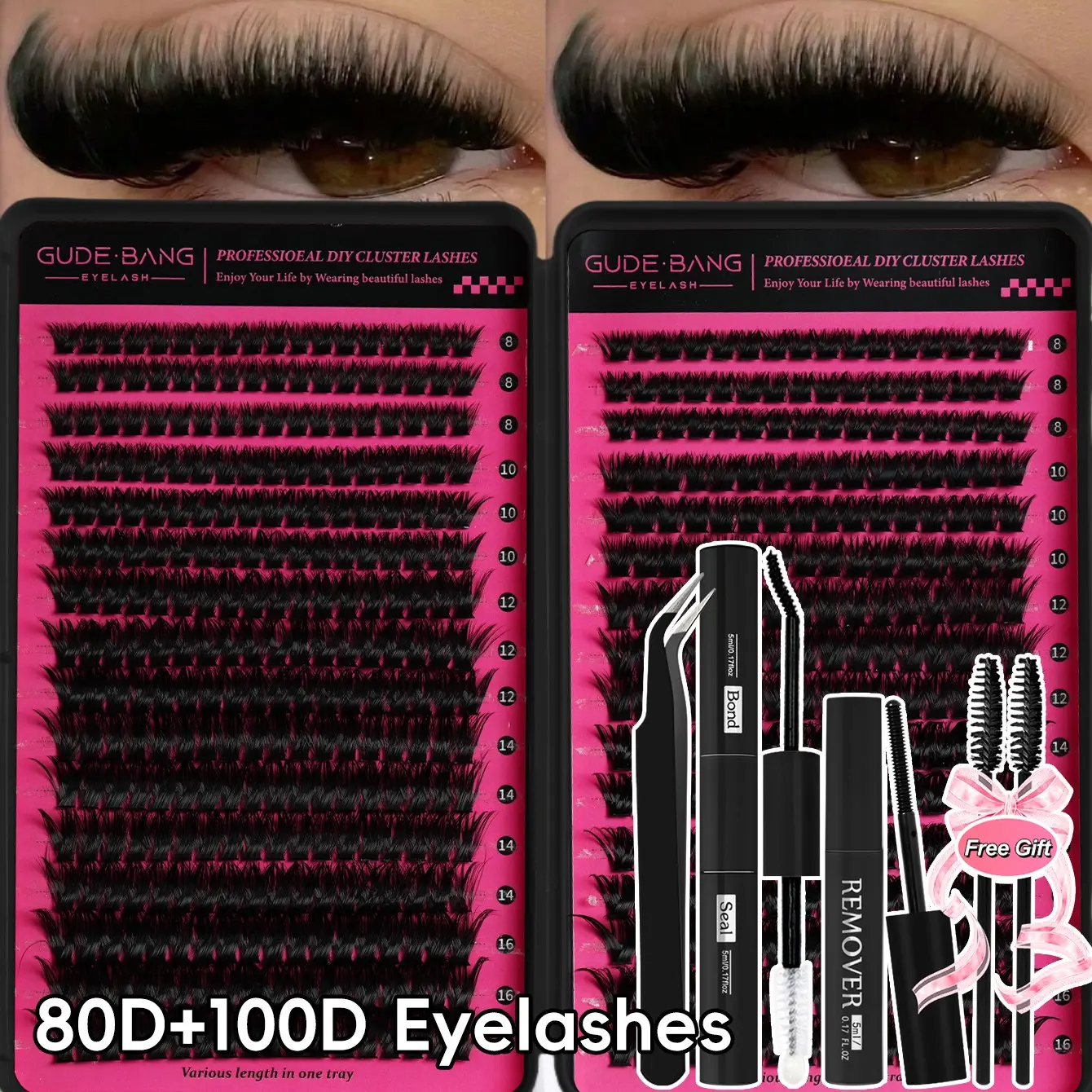 All-in-One Cluster Lashes Kit with Glue, Remover & Tweezers, Wispy False Eyelashes for Easy DIY Application, Natural to Fluffy Looks, Lightweight, Beginner Friendly, Long-Lasting Wear, Includes 2 Lash Brushes