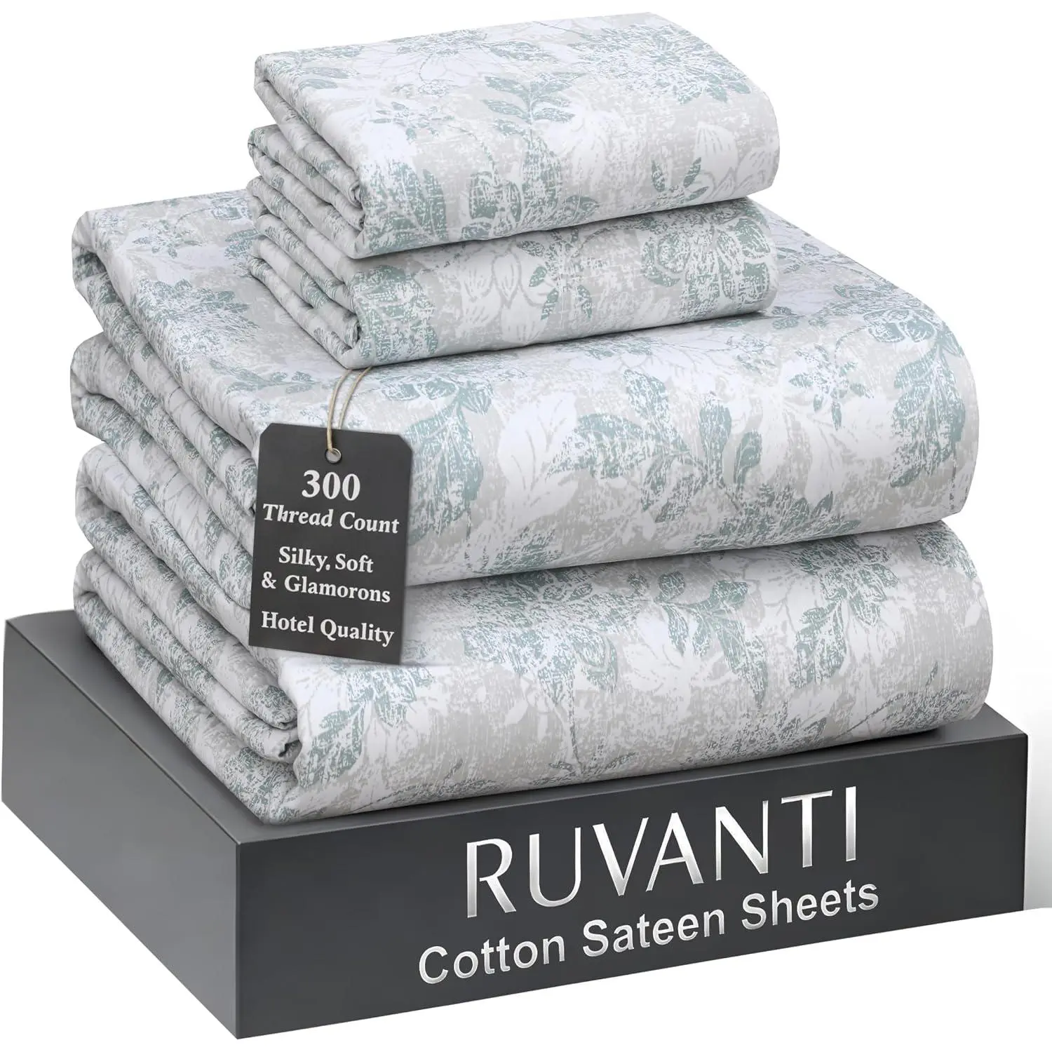 100% Cotton Sateen Sheets Queen Size, Floral Imprint| Hotel Luxury Softness, 300 Count, Deep, 16 Fit, Cooling Bedding, 4 Pieces