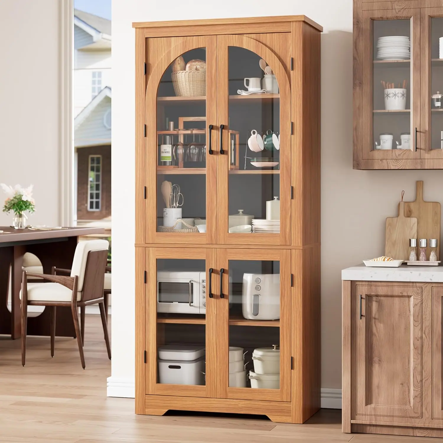 70" Tall Kitchen Pantry Cabinet - Modern Display Cabinet with 4 Arched Glass Doors and Adjustable Shelves, Versatile Cupboard Organizers for Kitchen, Dining Room
