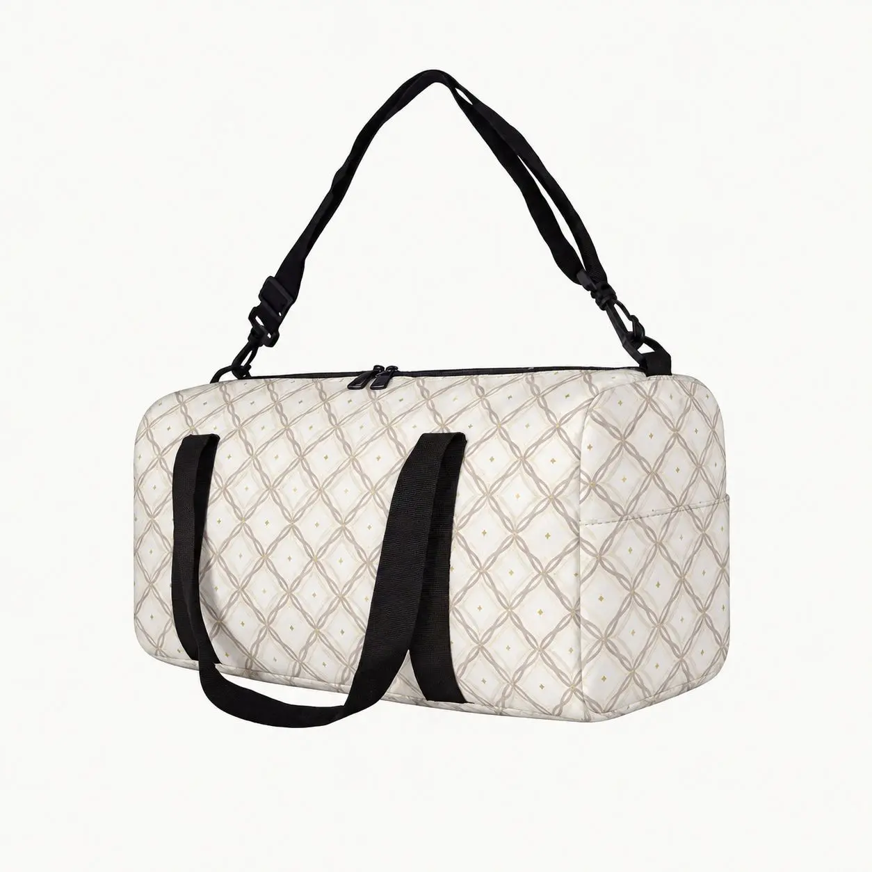 Beige Geometric Print Duffel Bag for Men Women, Polyester Fabric with Dual Handles, Adjustable Shoulder Strap, Top Zipper Closure, Rounded Body and Side Pocket, for Overnight Stays, Road Trips, Campus Use, City Commutes, Hotel Stays and Weekend Getaways