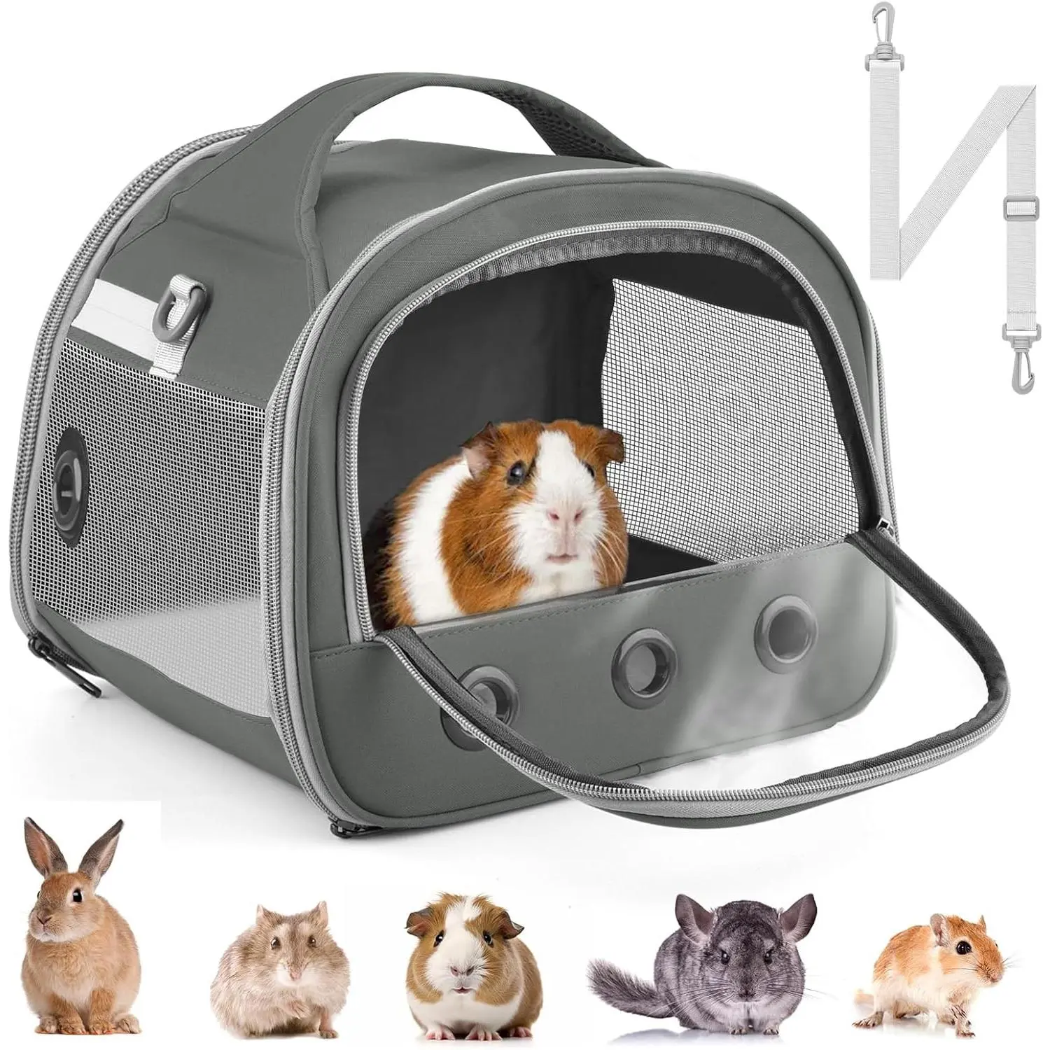 Portable Guinea Pig Travel Carrier Bag, Breathable Small Animal Carry Bag, Pet Travel Tote for Hamsters, Chinchillas, Rabbits, Gerbils, Hedgehogs & Sugar Gliders, Gray Small Pet Travel Supplies