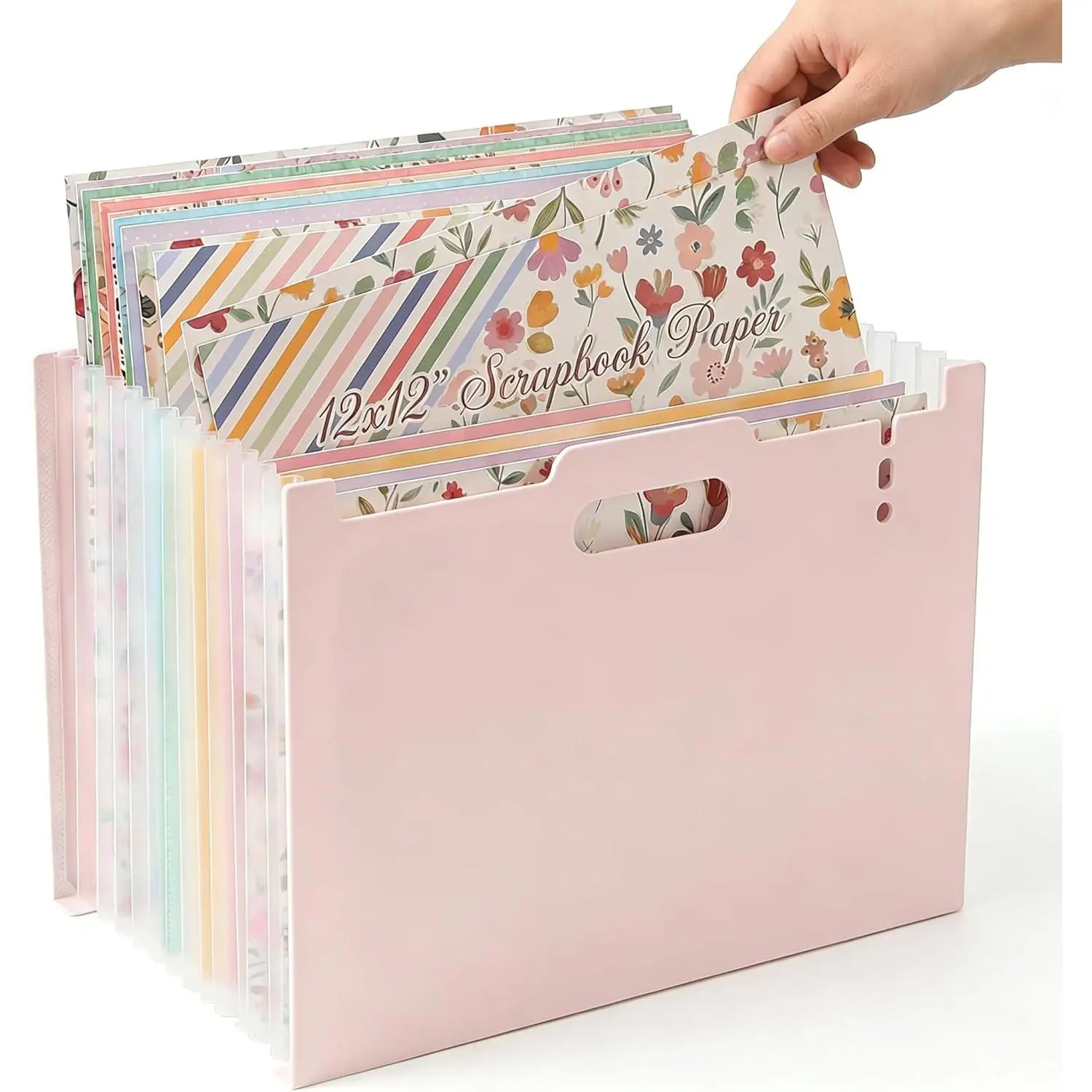 12x12 Scrapbook Paper Storage Organizer with 13 Expandable Pocket, Large Scrapbook Storage for Craft Room Organization, Sticker Storage, Desktop Paper Holder (Pink)