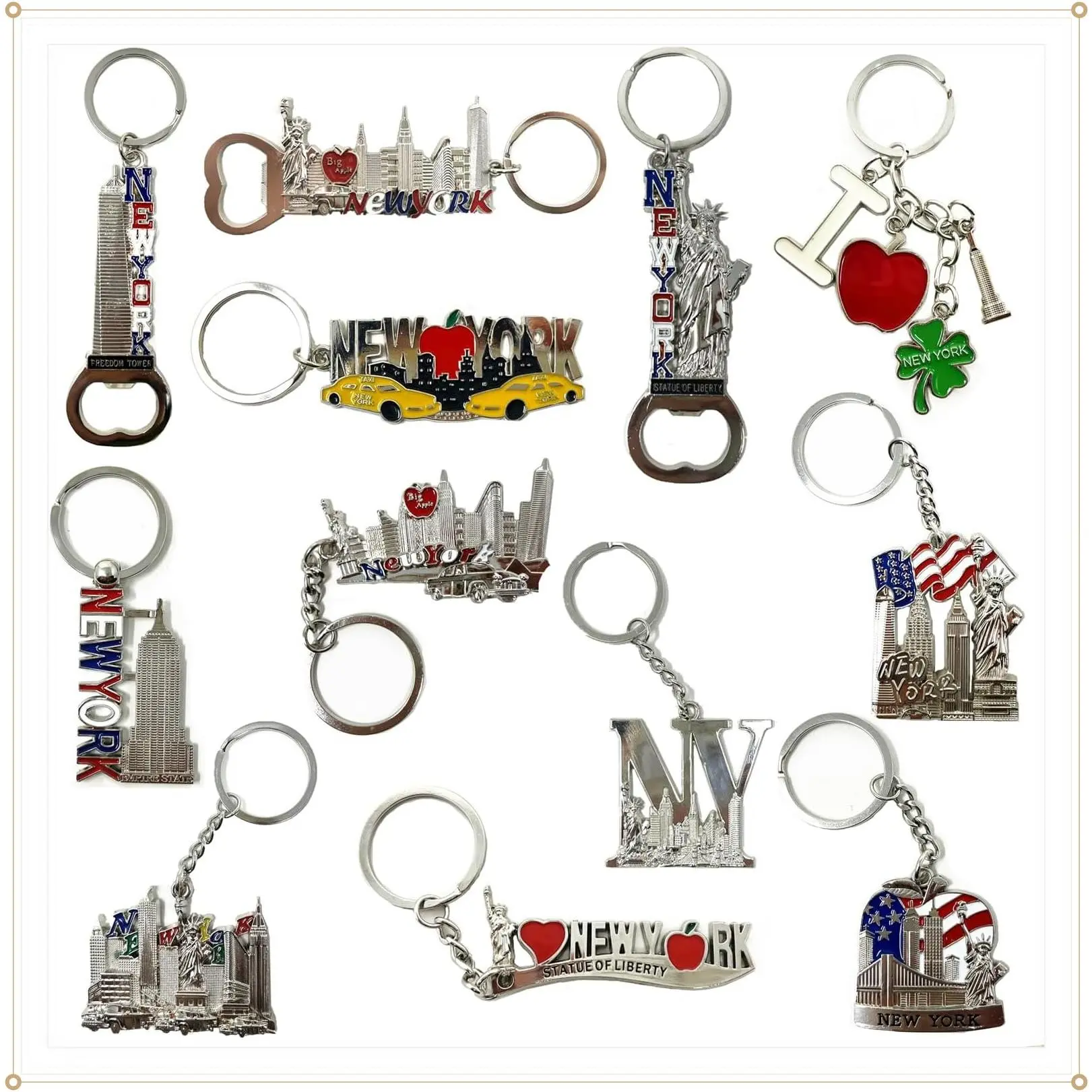 12 Pack Silver NYC Souvenir Collection New York Metal Keychain Ring Bundle Bulk Includes Empire State, Freedom Tower, Statue Of Liberty, USA Flag,NY Cab, Apple, 3 Pc Bottle Opener too And MoreGift