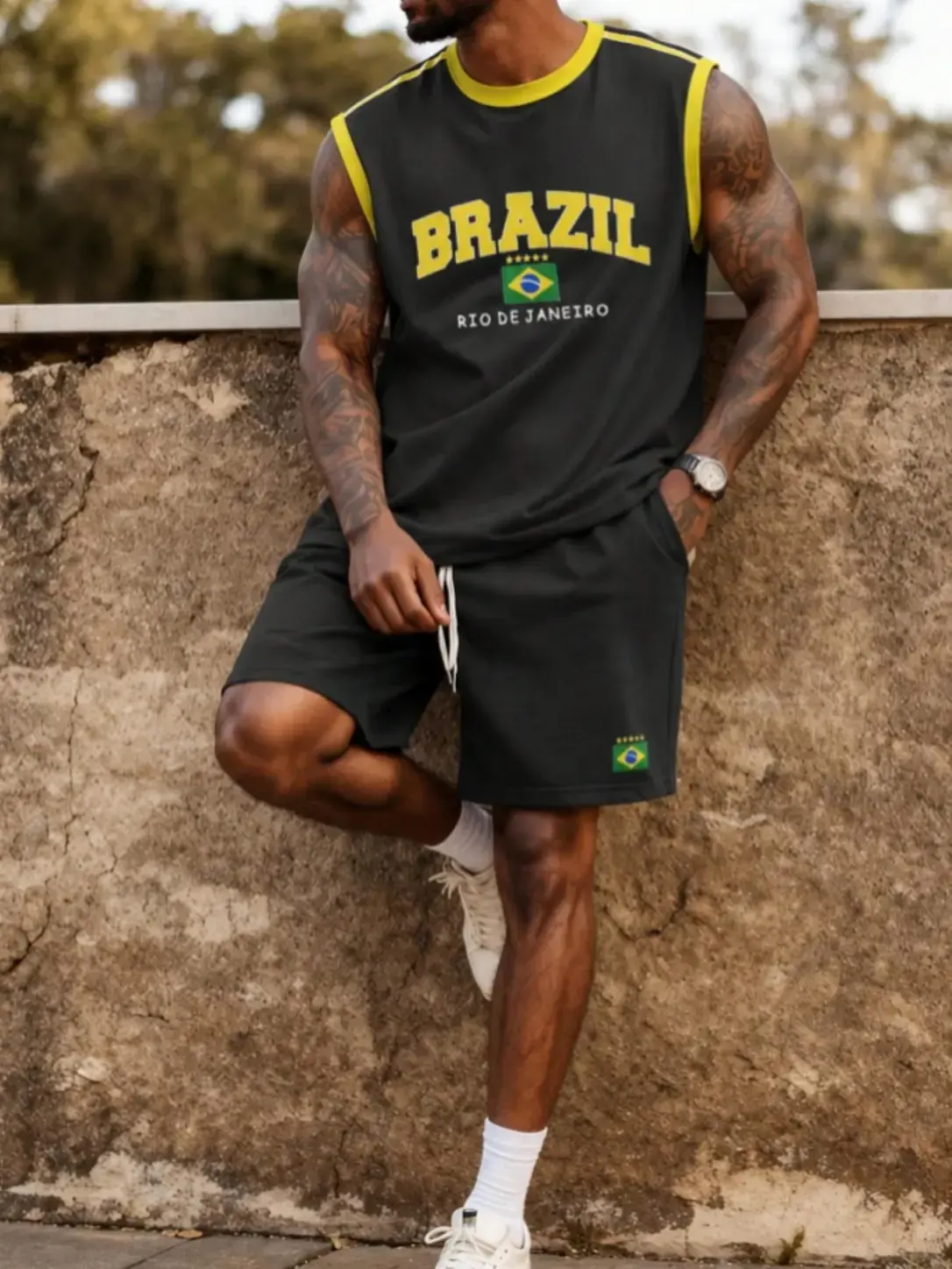 Men's Brazil Rio Flag Print Tropical Tank Top and Shorts Set, and Sleeveless Top and Casual Shorts 2-Piece Summer Streetwear