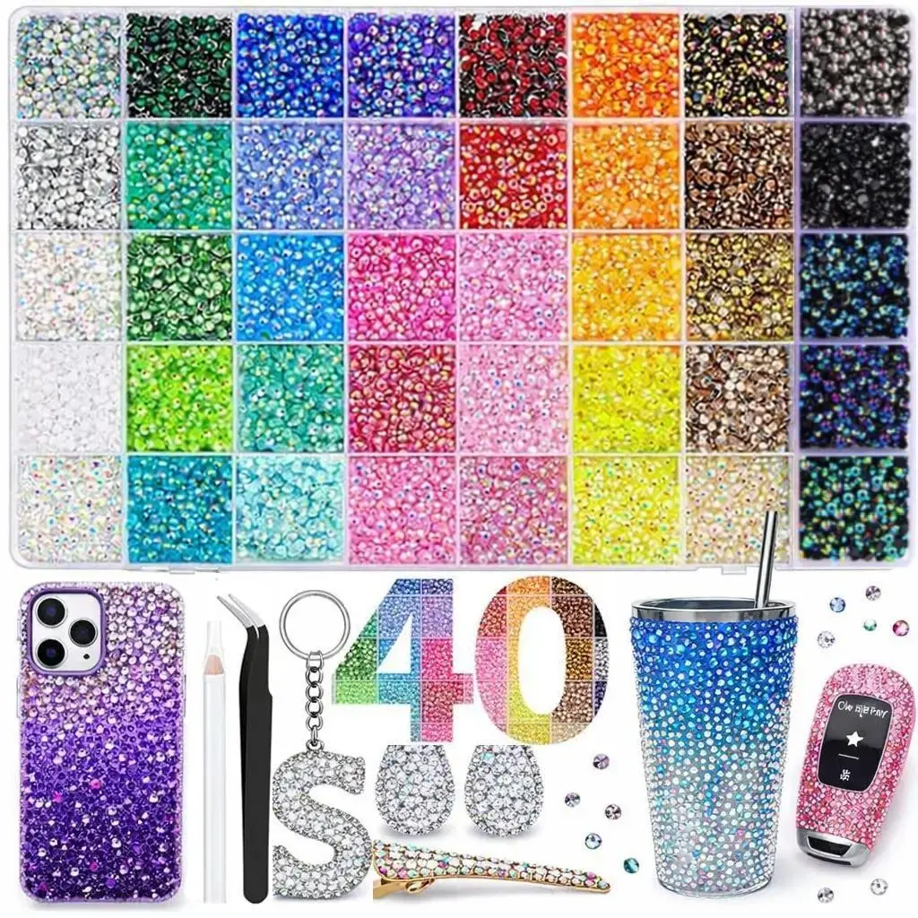 40000Pcs 40 Color Jelly Synthetic Rhinestones for Bedazzling, 3mm Multicolor Resin Flatback Synthetic Gems for Diamond Art, Bedazzler Kit for Crafting Book Shoes Nail Art bead gifted tool