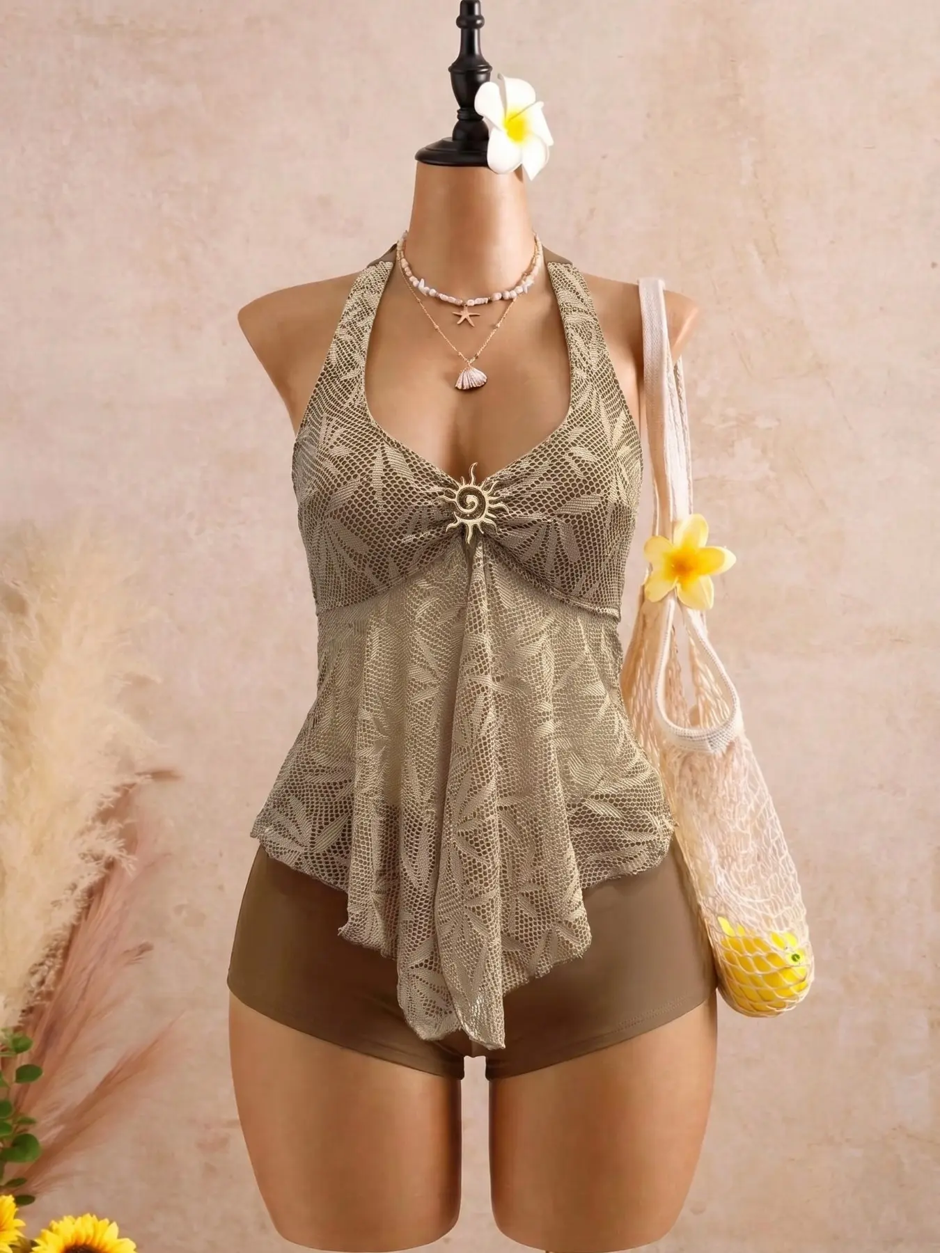 Summer Women's Soft Crochet Mesh Halter V-Neck Sun Button, Beach Vacation Sand Party Two-Piece Swimsuit Set Summer Women's Soft Crochet Mesh Halter V-Neck Sun Button, Beach Vacation Sand Party Two-Piece Swimsuit Set