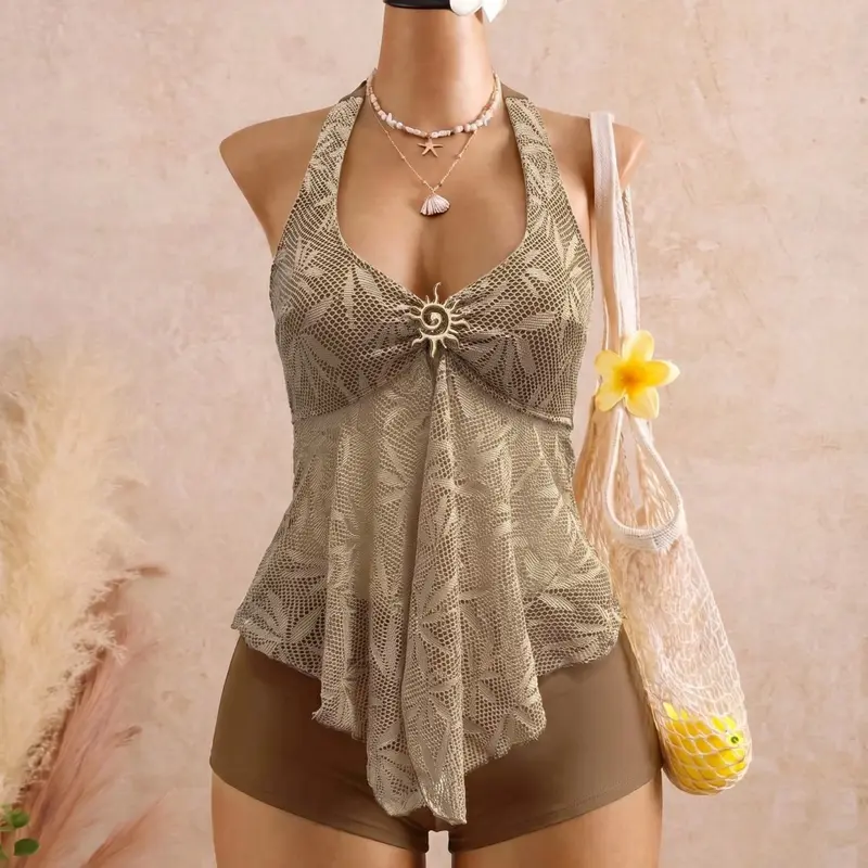 Summer Women's Soft Crochet Mesh Halter V-Neck Sun Button, Beach Vacation Sand Party Two-Piece Swimsuit Set