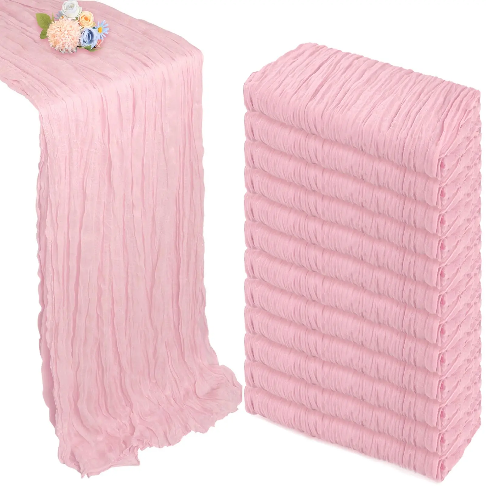 6/12 Pack Soft Rectangle Blush Pink Polyester Cheesecloth Table Runner - 17x108in Semi-Sheer Boho Gauze, Machine Wash, for Wedding, Home Decor, Farmhouse Use