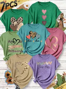 7Pcs Women Crew Neck T-shirt, Multi Spliced Heart Double Gold Line Butterfly Leopard Heart Western Versatile Print, Soft All-match Spring Fashion Tee Set