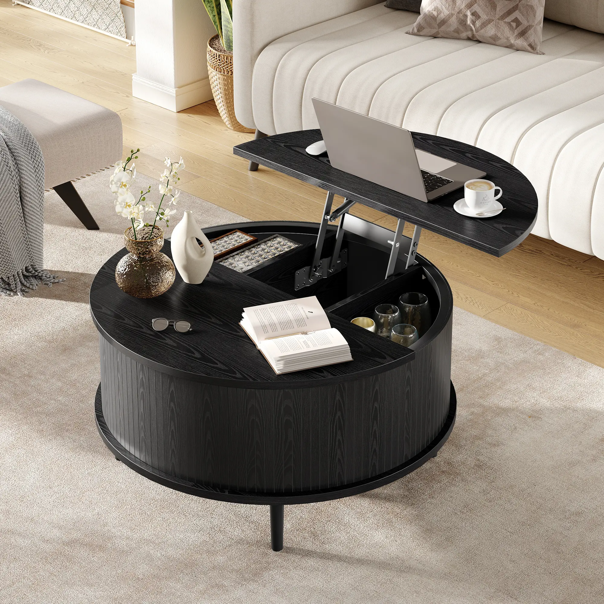 31.5 in Round Lift Top Coffee Table with Storage, Fluted Drum Wood Center Table with Hidden Cabinets, Modern Farmhouse/Mid-Century for Living Room & Small Spaces - Natural Wood