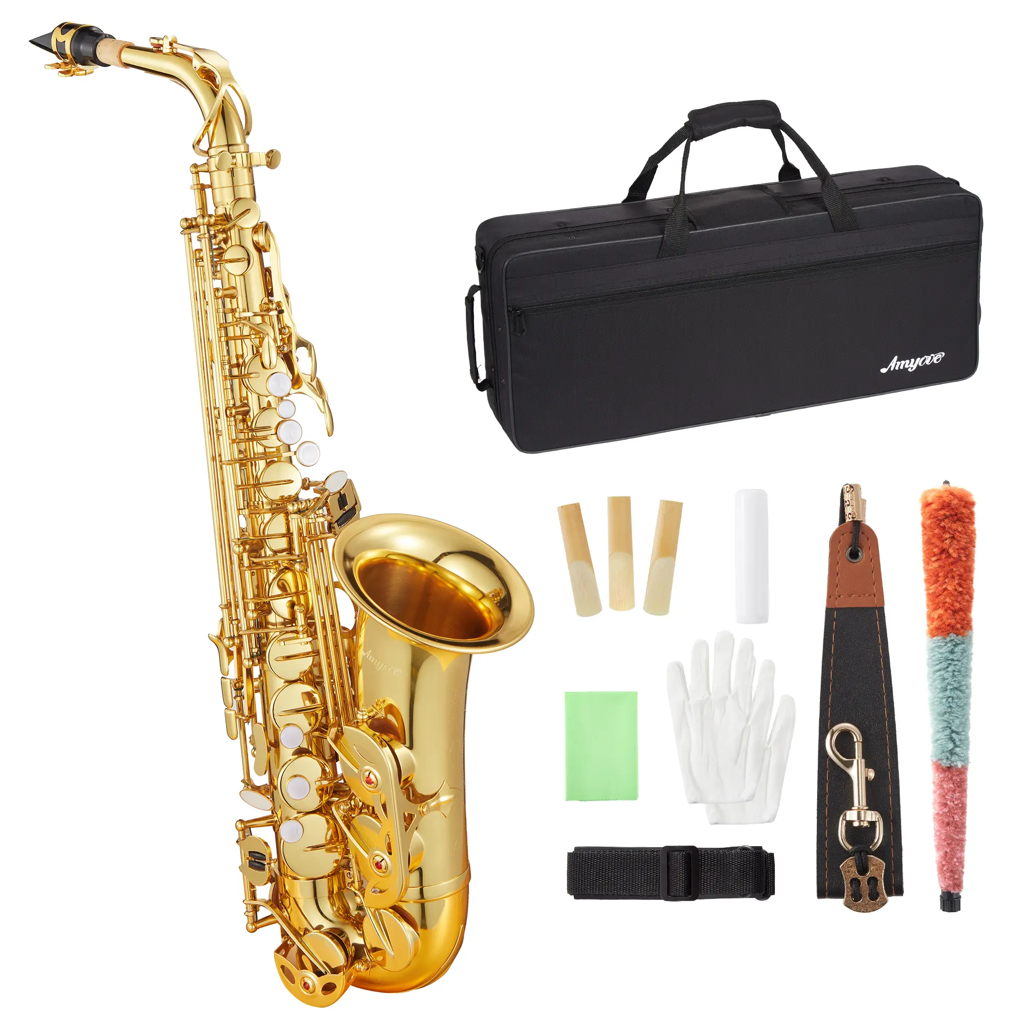 E Flat Alto Saxophone Beginner Complete Package, Gold Plated Brass Woodwind Instrument with Portable Backpack Case Cleaning Kit for Student Learning Daily Rehearsal