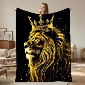 Majestic Golden Crown Lion Digital Print Flannel Blanket, Soft Plush Warm Throw Blanket, Luxury Decor Gift Blanket for Sofa Bed Office Camping Movie Night, Elegant Art Print Blanket, Perfect Birthday Holiday Gift for Men