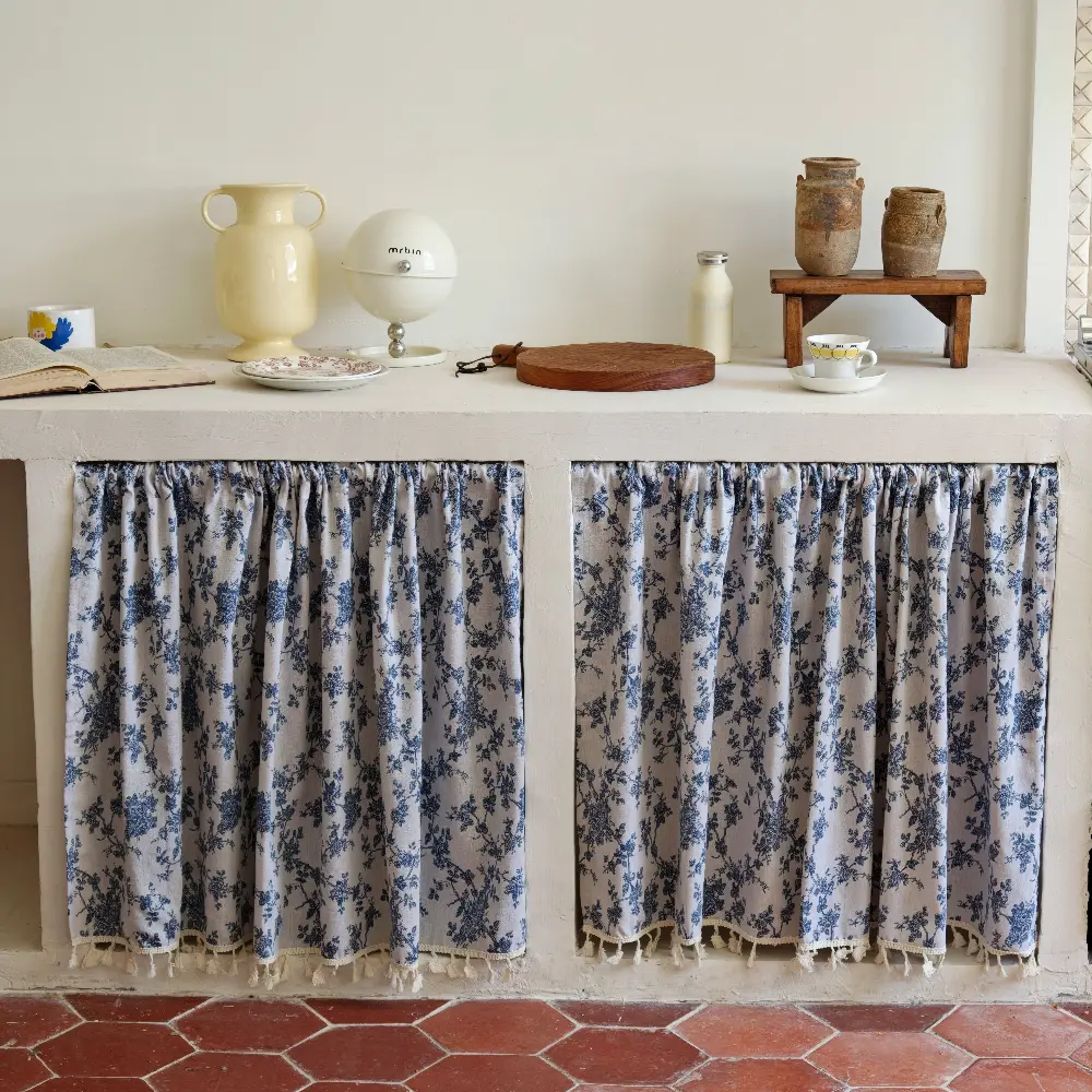 Blue Floral Print Under Sink Cabinet Curtain - French Country Sink Skirt with Tassel Trim, Cottagecore Farmhouse Kitchen Decor Cover (Rod Not Included), Floral Print Curtains