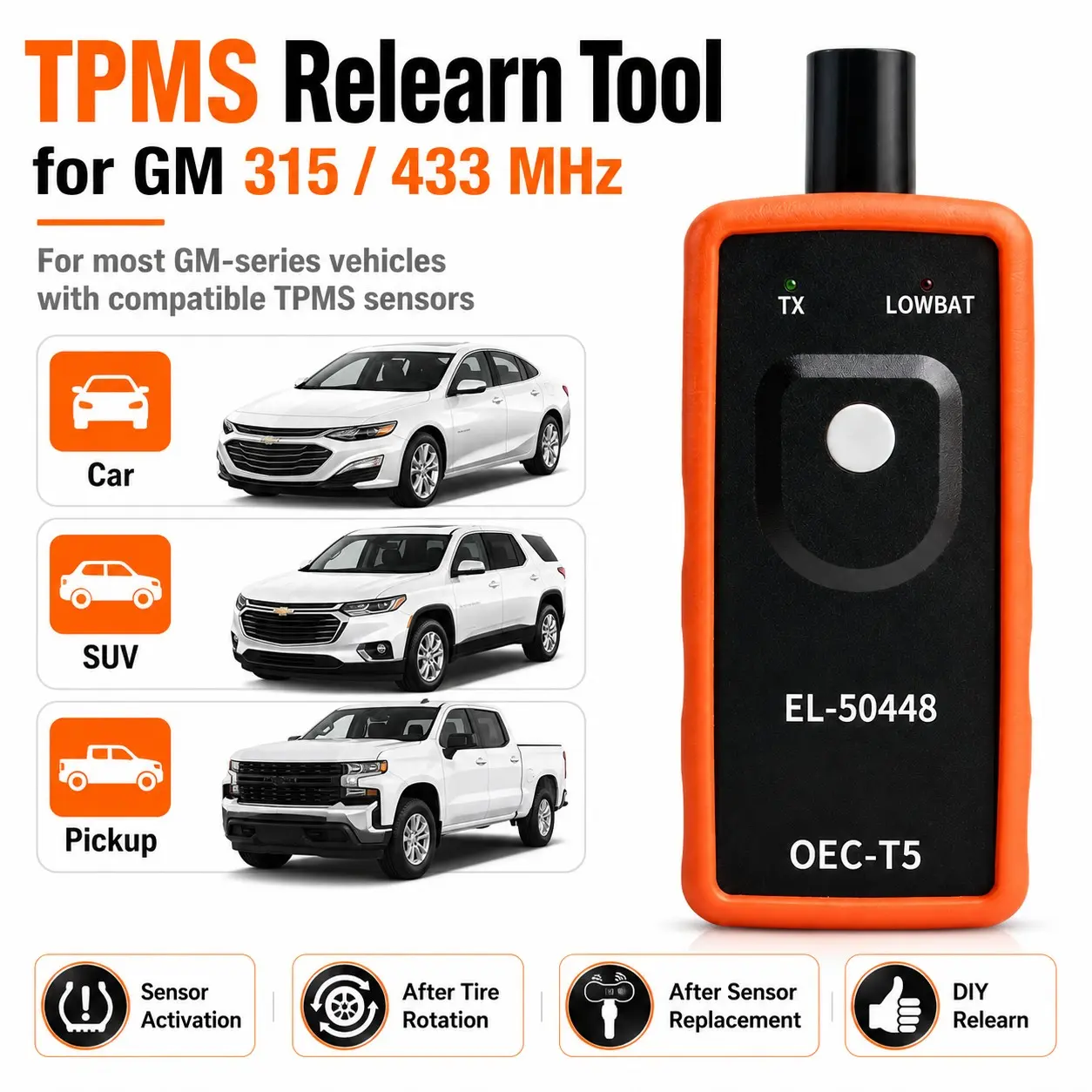 El-50448 Tpms Relearn Tool for Gm Vehicles, Oec-T5 Tire Pressure Monitoring Sensor Reset, 315/433 Mhz, One Button Programming for Cars Suvs Pickups