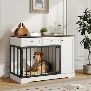 Modern Farmhouse Dog Crate Furniture – 47 Inch Indoor Wooden Kennel End Table with Double Doors, 2 Drawers, Storage Cabinet – Chew-Resistant TV Stand & Side Table for Small to Large Dogs