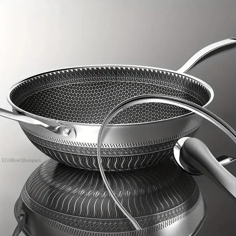Stainless Steel Wok Pan with Honeycomb Non-stick Surface, Includes Lid & 2 Cookware Accessories, for Induction & Electric Ceramic Stoves, Home Cooking, KitchenXX16BowlBouquet