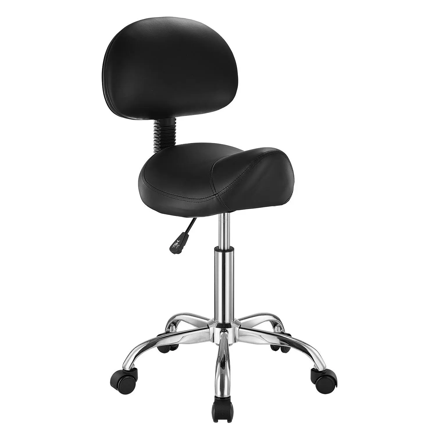 【DealsForYouDays】VEVOR Saddle Stool with Back Support and Wheels, 450 LBS Weight Capacity Ergonomic Rolling Stool, Height Adjustable Thickened PU Leather Swivel Saddle Chair for Salon, Spa, Massage, Tattoo, Black