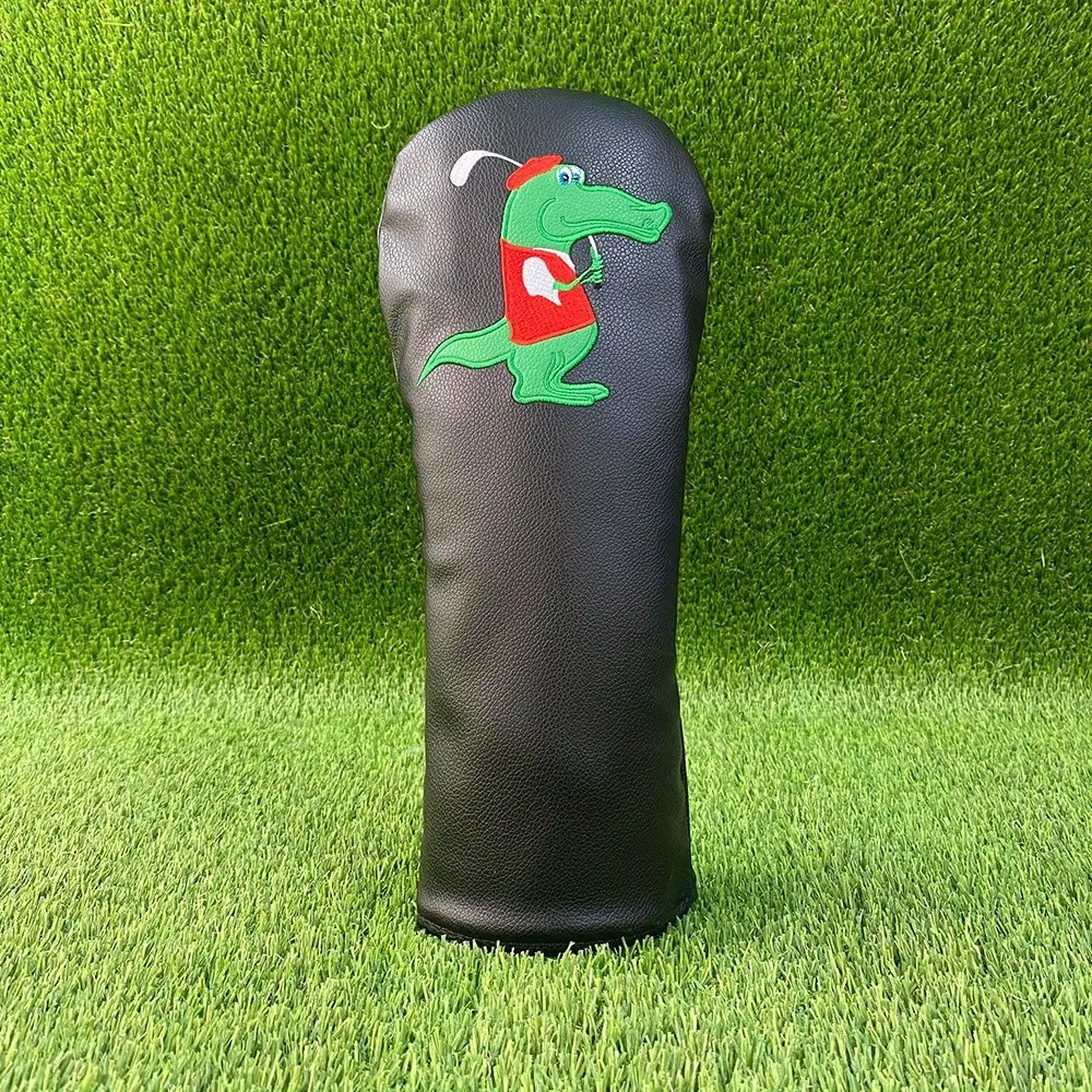 Cartoon Crocodile Embroidered Golf Club Head Covers, PU Leather, Durable Fleece Lining, Unique Animal Pattern, Sports Gift Accessory