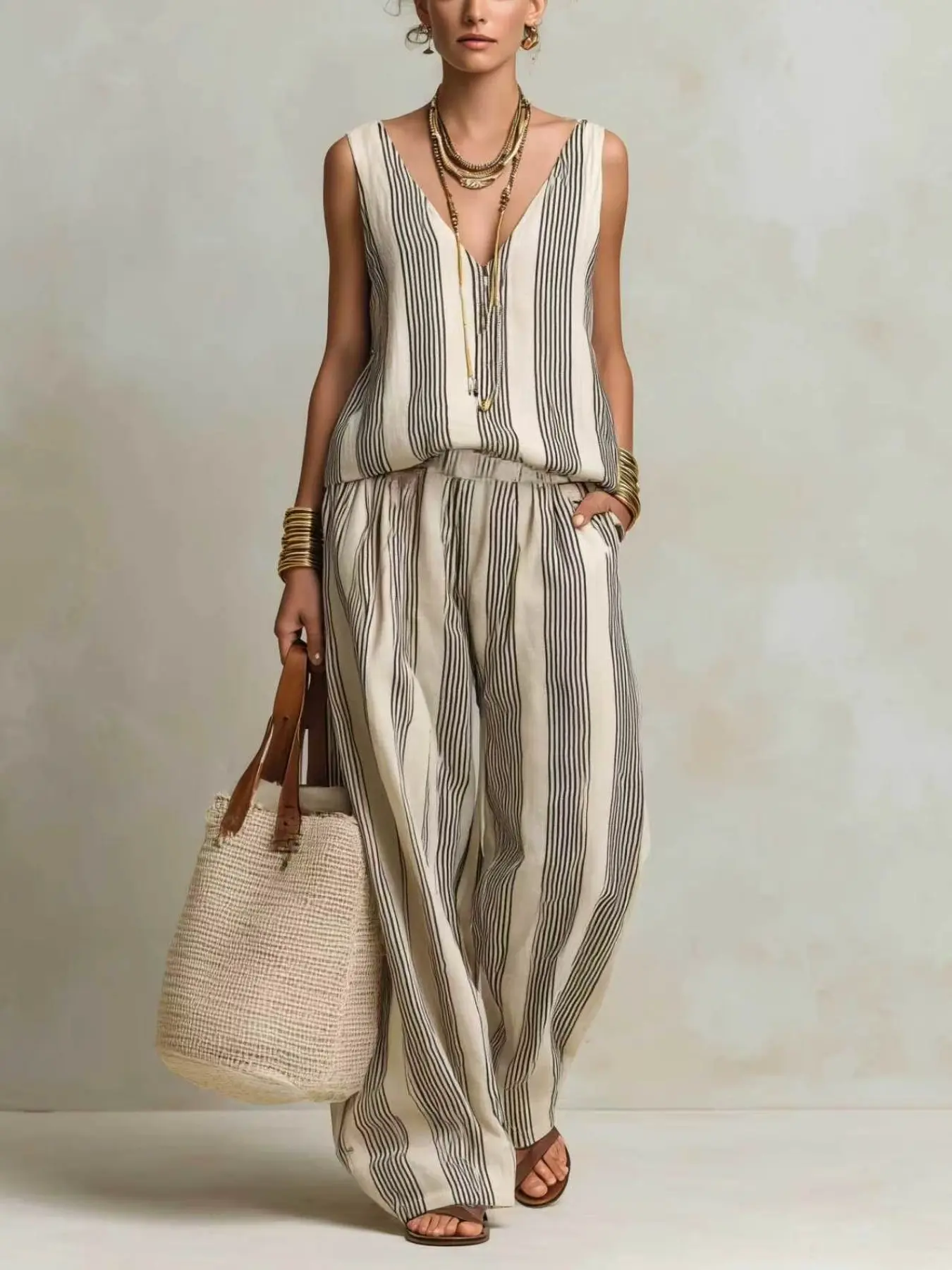 Women's Linen Two-Piece Set, Sleeveless V-Neck Tie Back Top, Wide Leg Long Pants, Vacation Casual, Vertical Stripe Pattern