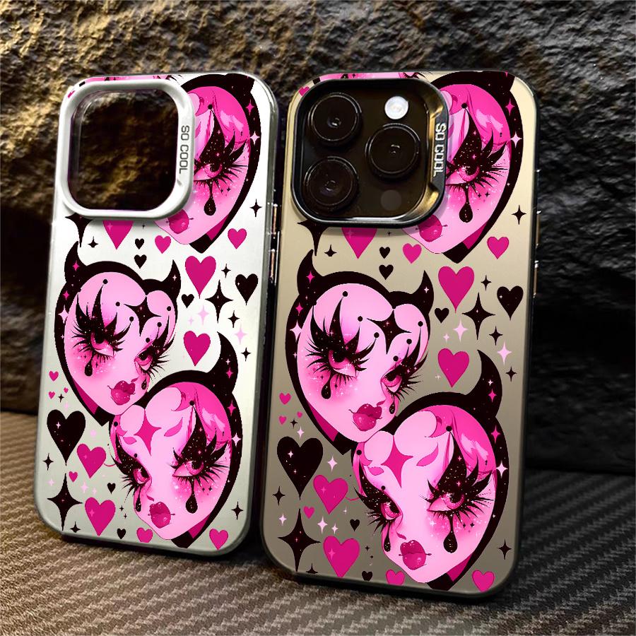 Phone case: 1pc Pink Devil Heart Pattern Phone Case Suitable for Apple iPhone11 12 13 14 15 16 17 PRO MAX X XR XSMAX 7 8Plus Shock Proof Vintage Funky Cute Fashion Can be given to a lover, Can be given to friends