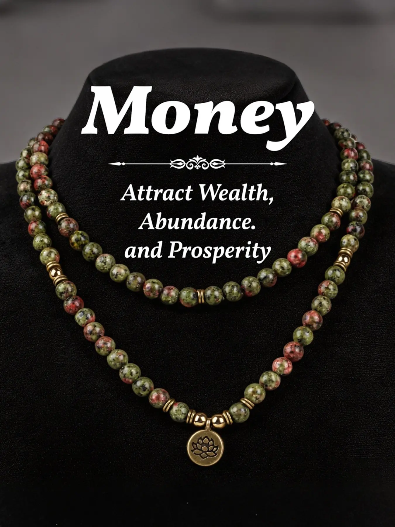 Aesthetic Long Layered Unakite Necklace for Wealth - Natural Flower Green Stone Beaded Chain with Lotus Pendant - Powerful Abundance Jewelry for Women