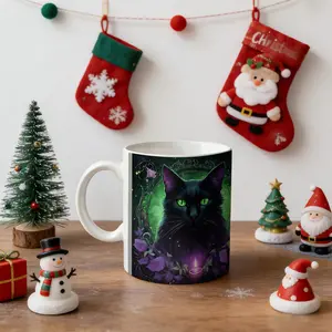 11oz Ceramic Mug with Mystical Black Cat Design - Green Eyes, Purple Flowers  Glowing Orbs, Perfect for Coffee, Tea, Milk, Water _ Ideal Office  Party Gift for Birthdays, Valentine'S Day, Easter,