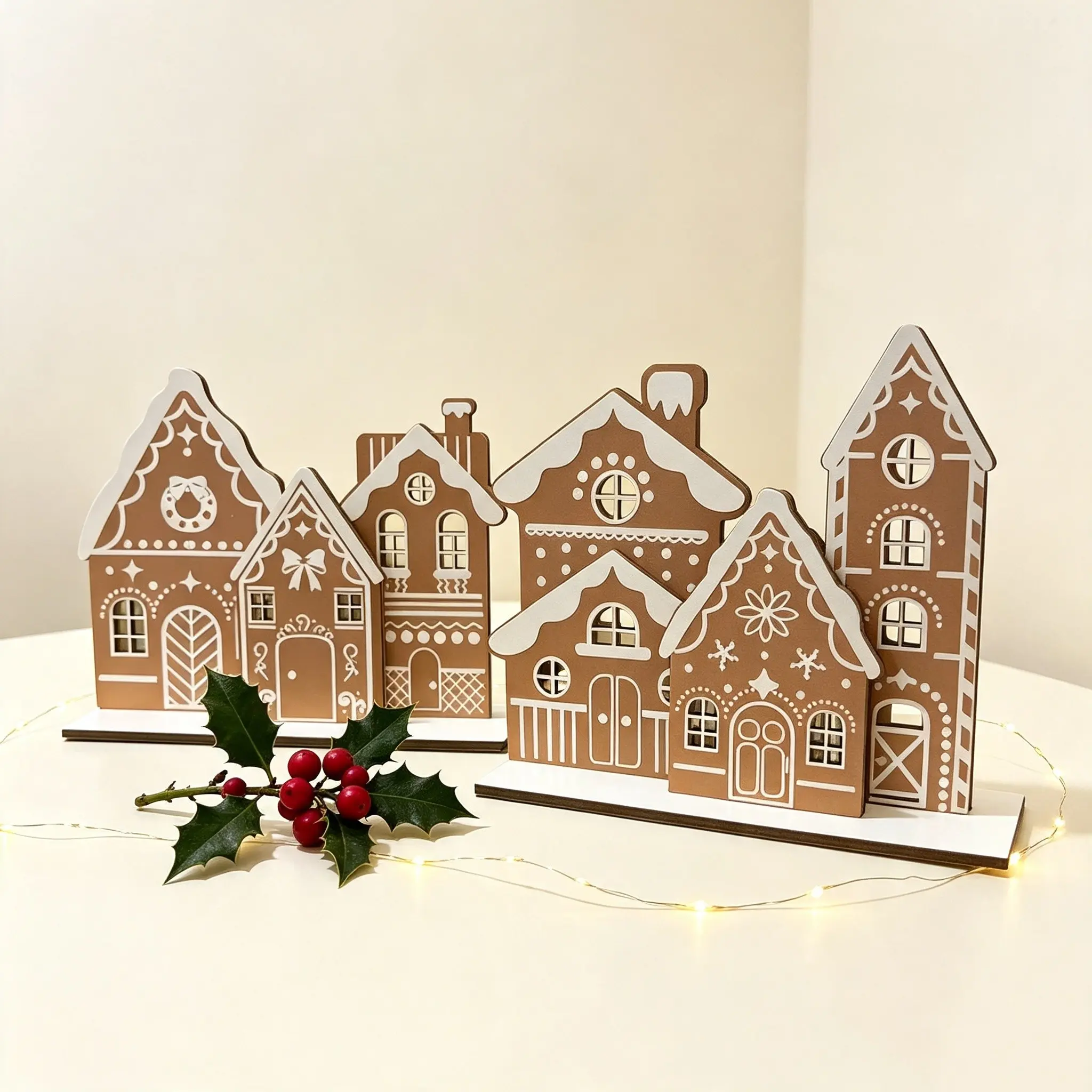 Christmas Gingerbread House Wooden Desktop Decor Set, Winter Village Cottage Desk Decoration, Festive Country Style Shelf Fireplace Ornament