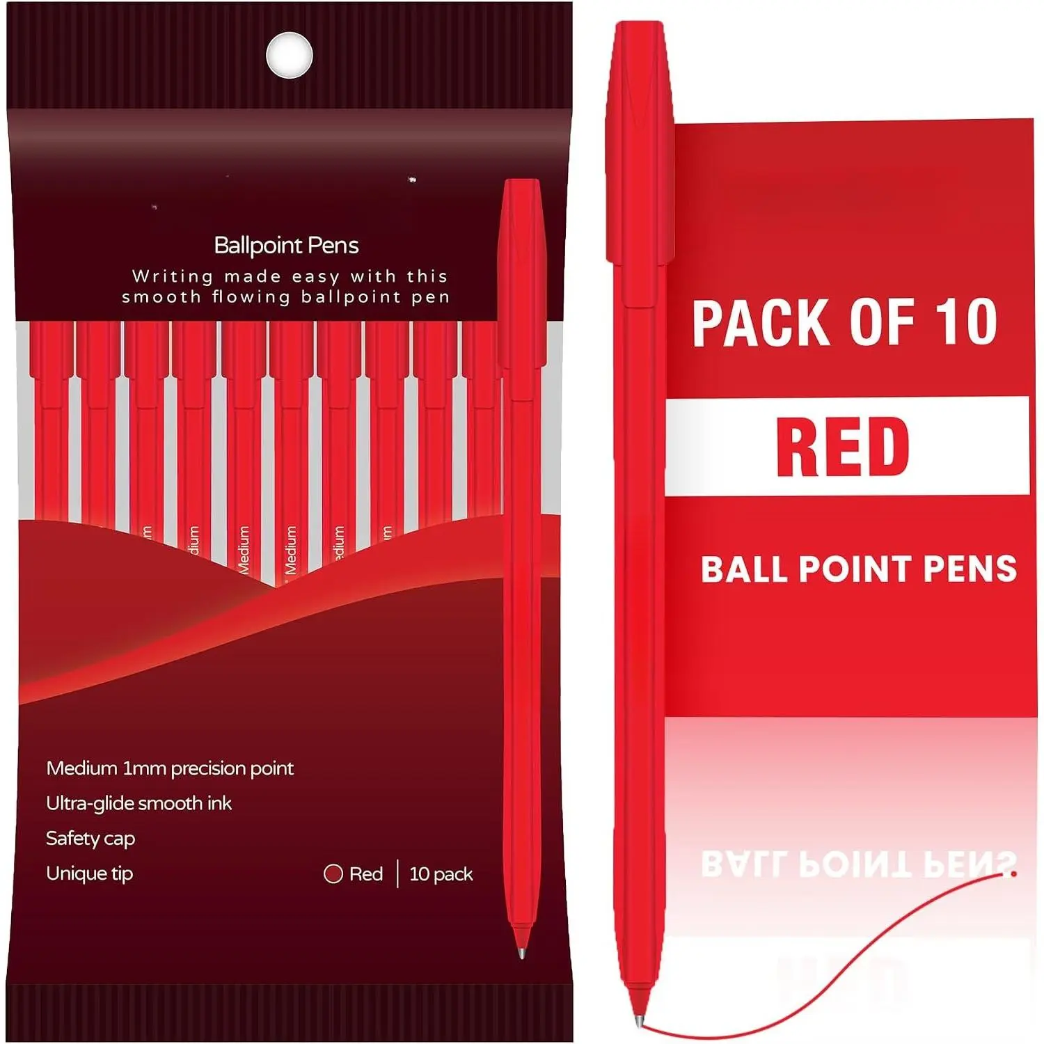 Ballpoint Pens - Biro Pens  with Medium Point (1.0mm) for Effortless, Smooth Handwriting & Consistent Flow (Red, Pack of 10)