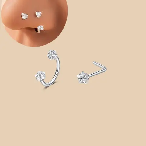 Elegant Cz Inlaid Spiral Nose Ring, L-Shaped Heart Design Piercing Stud 18g Unisex Fashion Jewelry, Party Body Accessories, Trendy Gift Idea Body Piercings