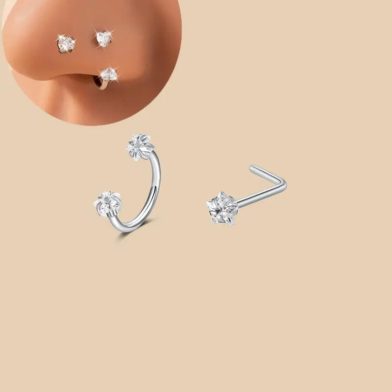 Elegant Cz Inlaid Spiral Nose Ring, L-Shaped Heart Design Piercing Stud 18g Unisex Fashion Jewelry, Party Body Accessories, Trendy Gift Idea Body Piercings