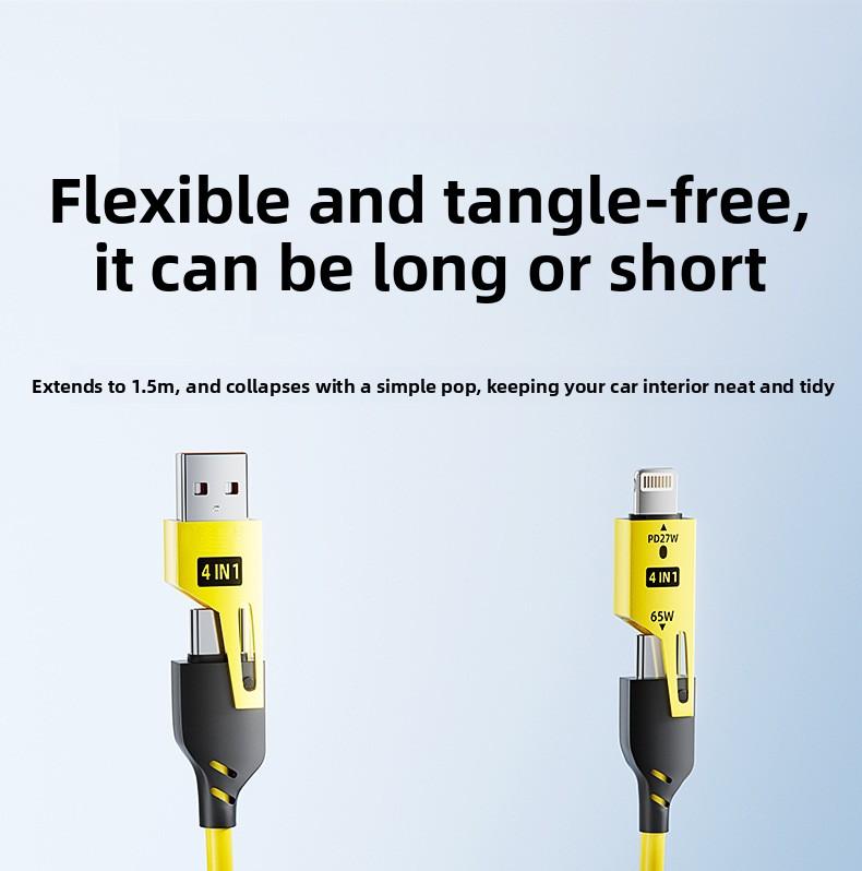 Super fast charging spring cable, 1.5m retractable 100W four-in-one data cable, car charging cable