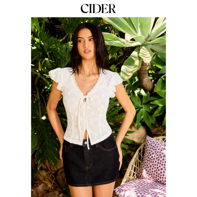 Cider Jacquard V-Neck Ruffle Sleeve Lace Panel Top SummerWins SummerFinds