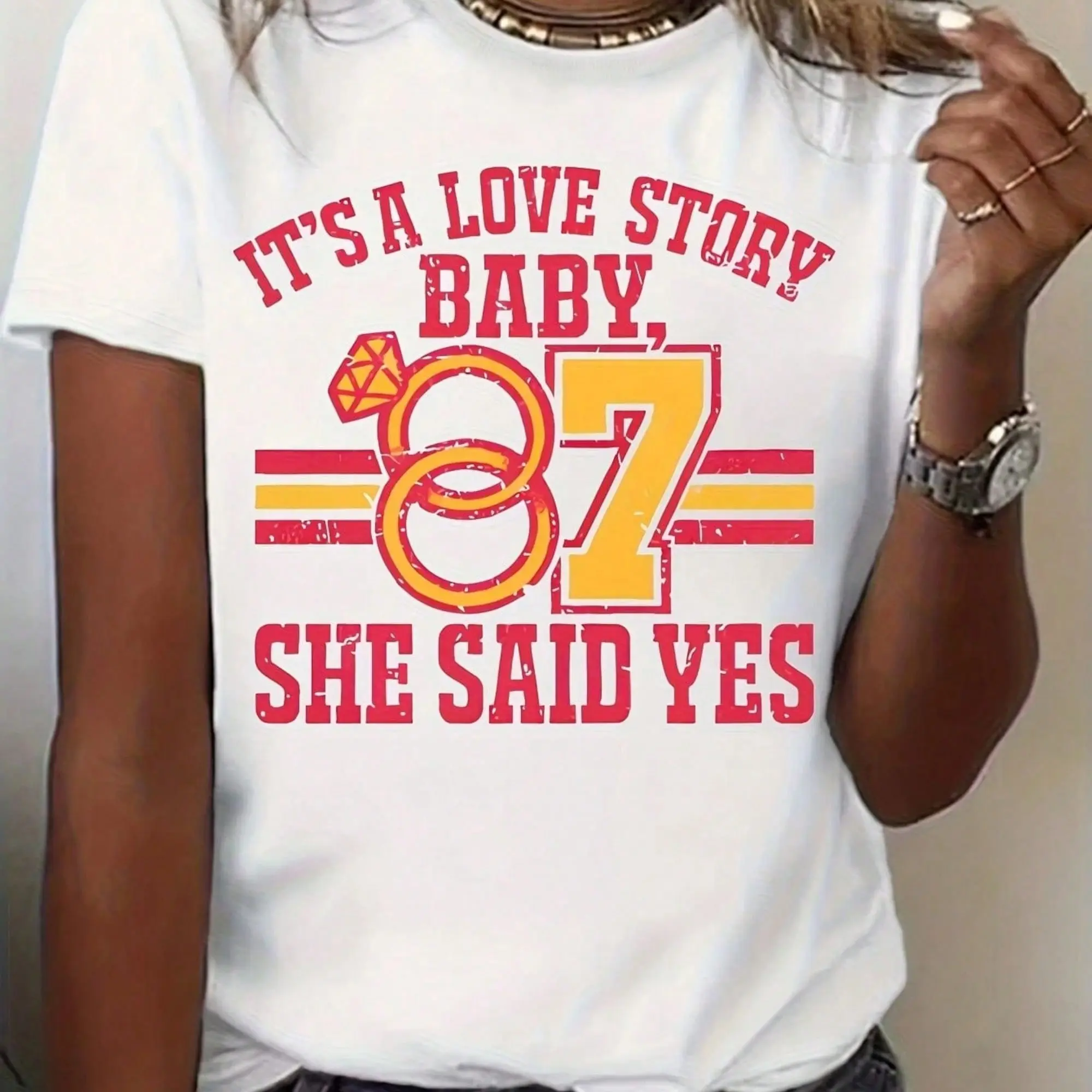 Women'S 87 Love Story 87 She Said Yes T-Shirt - Vintage Wedding Anniversary Gift With Heart & Number 87 Design, Soft Breathable 100% Casual Round Neck