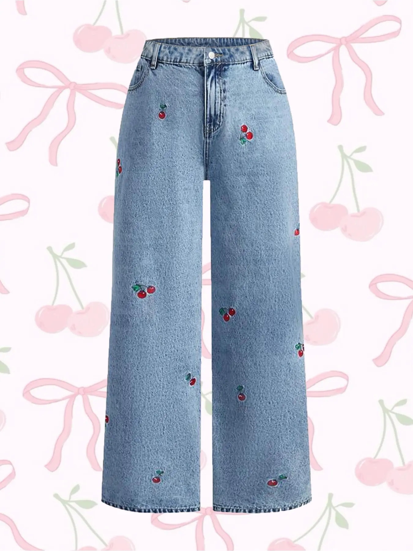 Women's Hand Embroidered Cherry Casual Straight Leg Wide Pants, Embroidery Jeans, Elegant Woven Denim Jeans, All Seasons Fashion, Comfortable Fit Trouser, Cute Fitted, Womenswear